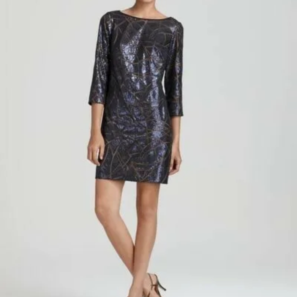 Tadashi Shoji Round Neck 3/4 Sleeve Black Sequin Dress size 8  46